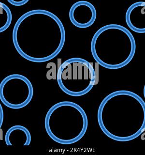 Geometrisches abstraktes nahtloses Muster zufällig azurblaue Ringe auf schwarzem Hintergrund Stockfoto