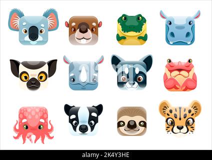 Cartoon kawaii quadratische Tiergesichter, Emoticons lächelt und Emoji-Vektor-Symbole. Fröhliche niedliche Kawaii Tiergesichter von Koala, Krokodil oder Biber und Oktopus, lächelnder Waschbär mit Faultier und Tiger, Zoo Emoji Stock Vektor