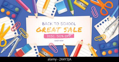 Realistische Back School Verkauf horizontale Banner Vorlage Vektor Design Illustration Stock Vektor