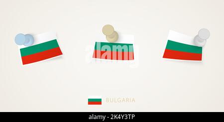 Fahne Bulgariens in verschiedenen Formen mit verdrehten Ecken. Vector-Pushpins Draufsicht. Flag gesetzt. Stock Vektor