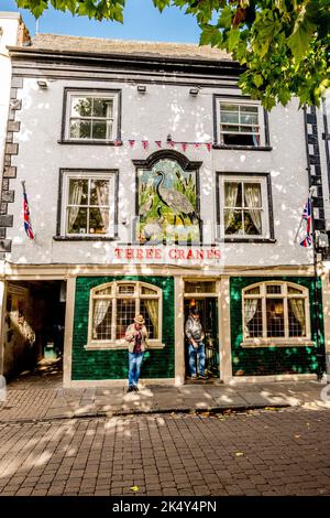 Männer, die vor dem Three Cranes Inn, einem öffentlichen Haus oder Pub im Zentrum von york, Yorkshire, stehen. Stockfoto