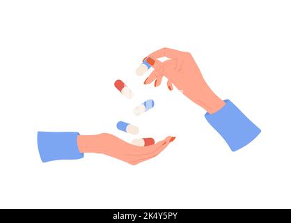 Weibliche Hand hält Pillen. Gesundheits- und Medizinkonzept. Frau trinkt Vitaminkomplex und Mineralien. Vektor-Illustration im flachen Cartoon-Stil Stock Vektor