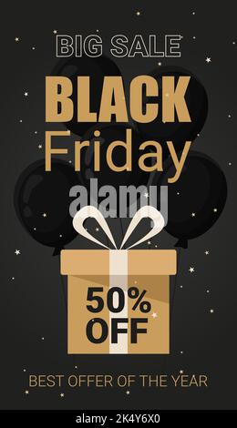 Text Black friday Big Sale 50 Rabatt Geschenk auf dem Hintergrund von schwarzen Ballons und Glitzer-Sterne Stock Vektor