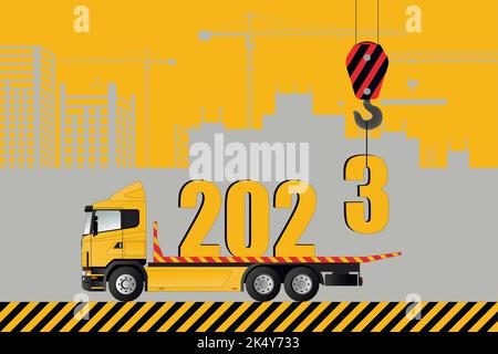 Neujahrskarte, 2023. Ein Kran lädt einen LKW mit Weihnachtsfiguren. Flache Vektorgrafik. Stock Vektor