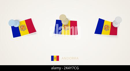 Fahne von Andorra in verschiedenen Formen mit verdrehten Ecken. Vector-Pushpins Draufsicht. Flag gesetzt. Stock Vektor