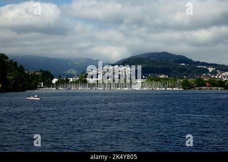 Kreuzfahrt auf dem Vierwaldstättersee, Schweiz mit Yachthafen im Hintergrund Stockfoto