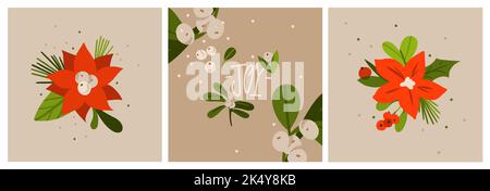 Handgezeichnete Vektor abstrakte Grafik Frohe Weihnachten und Happy New Year Clipart Illustrationen Grußkarte mit Blumen und Blättern.Frohe Weihnachten Stock Vektor