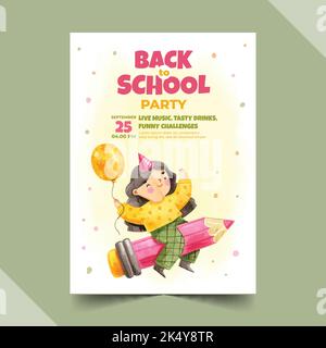 Aquarell zurück Schule Partei Poster Vorlage Vektor Design Illustration Stock Vektor