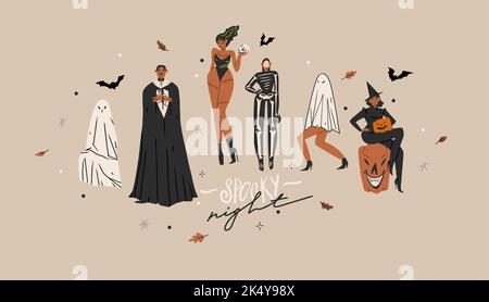 Handgezeichnete abstrakte Vektor Grafik Cliparts Illustrationen, Halloween Urlaub Kostüm Party Erwachsene Menschen Charaktere Sammlung Set.Gruseliges Halloween Stock Vektor
