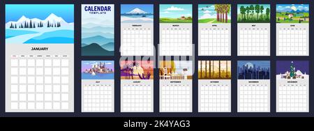 Vorlage Kalender Landschaft natürliche Hintergründe von vier Jahreszeiten Stock Vektor