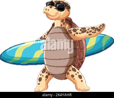 Niedliche Schildkröte Cartoon-Figur trägt Sonnenbrille halten Surfbrett Illustration Stock Vektor
