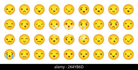 Symbole für gelbe Emoji-Gesichter gesetzt. Fröhlich, traurig, glücklich lol, Liebe Augen lächeln, wütend, Fröhliche Emoticons. Cartoon Emoticon Kreis Avatar Symbole mit verschiedenen lustigen Emotionen. Nette emotionale Gesichtsausdrücke Stock Vektor
