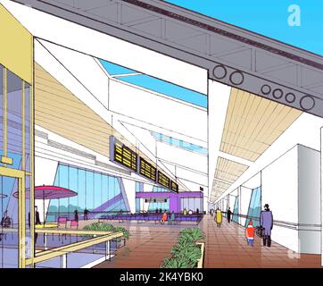 Farbskizze des Innenraums der Flughafenhalle. Architekturkonzept. Vektorgrafik. Stock Vektor