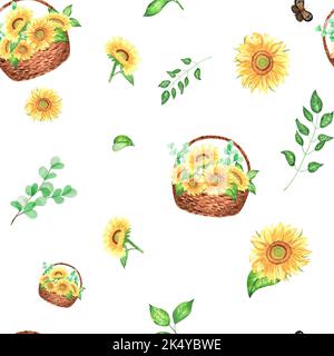 Handbemaltes, wasserfarbenes Blumenmuster aus Gartenblumen und Blättern. Körbe mit Sonnenblumen, Blättern und Schmetterlingen. Kann zum Pring auf Papier pro verwendet werden Stockfoto