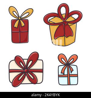 Legen Sie Geschenke Cartoon Vektor Illustration. Bunch-Boxen mit Schleifen isoliert Clipart. Handgezeichnete Überraschung zum Weihnachtsgeburtstag oder zu weihnachten Stock Vektor