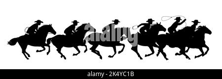 Cowboys reiten auf Pferden. Bild schwarze Silhouette. Reiter auf dem Pferderücken. Isoliert auf weißem Hintergrund. Vektor. Stock Vektor