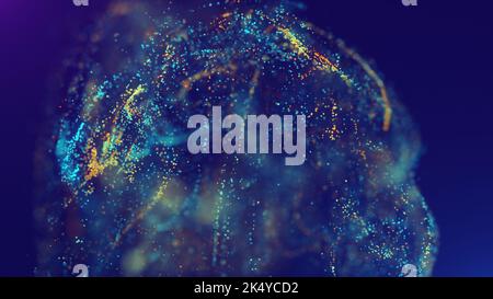 3D Darstellung einer bunten, lebendigen, abstrakten Wolke von Teilchen im Raum. Glühende Flüssigkeitspartikel, dynamischer Fluss. Schöner Abstrakter Hintergrund. Fu Stockfoto