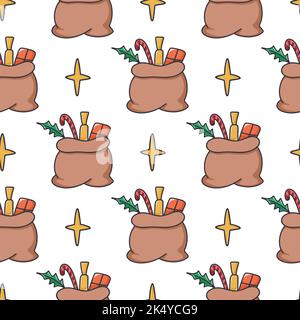 Geschenke in der Tasche weihnachten nahtlose Muster Vektor Illustration. Festlicher Hintergrund mit Geschenken und Leckereien. Handgezeichneter Druck für Neujahr und weihnachten. Stock Vektor