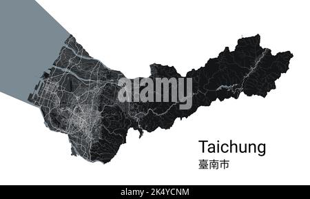 Taichung-Vektorkarte. Detaillierte Vektorkarte des Verwaltungsgebiets der Stadt Taichung. Blick auf das Stadtbild mit Postern und die Arie der Metropole. Schwarzes Land mit weißen Straßen und Stock Vektor