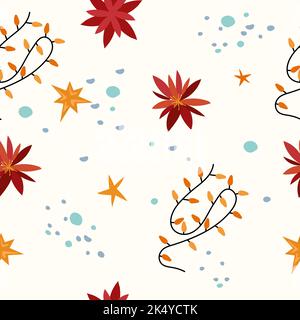 Nahtlose Muster mit Winterblumen, roten Weihnachtssternen, farbenfroher Girlande, Sternen und anderen. Magisches Wintermuster. Vektorgrafik Stock Vektor