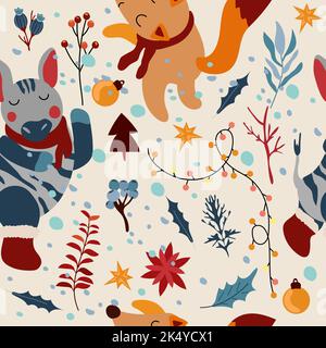 Nahtlose Muster mit Wintertieren, Zebra im Schal, niedlicher Fuchs, Weihnachtsbaumschmuck, Blätter und Blumen. Muster „Magic Winter“. Vektorgrafik Stock Vektor