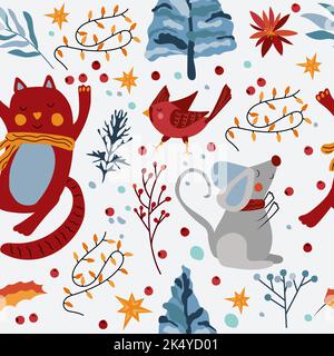 Nahtlose Muster mit Wintertieren, lustige Katze im Schal, niedliche Maus, Kardinalvögel, Weihnachtsbaumschmuck, Girlande und Blumen. Magisches Wintermuster. Vektorgrafik. Stock Vektor