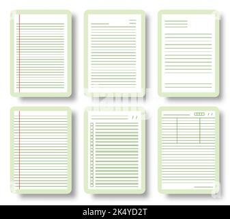 Notizbuch A4 leeres Raster quadratisch mit Zelleneinlage, Papierbogen-Set für Schulnotizblock. Realistische Arbeitsmappe Notizbücher mit Schattenmockup-Vorlage isoliert. Abstrakte horizontale Linien gestreifter Seitenhintergrund Stock Vektor