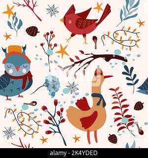 Nahtlose Muster mit Wintervögeln, Kardinal, niedliche Eule, lustige Wintergans im Schal, leuchtende Blumen, farbige Blätter. Wintermuster. Vektorgrafik Stock Vektor