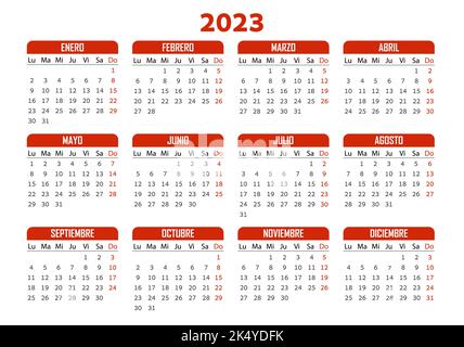 Taschenkalender auf 2023 Jahr, Spanisch. Roter horizontaler Kalender. Die Woche beginnt ab Montag. Vektorvorlage für Unternehmen. Stock Vektor