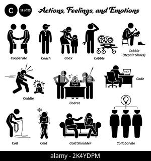 Strichmännchen Menschen Menschen Aktion, Gefühle, und Emotionen Symbole beginnend mit Alphabet C. Cooperate, Coach, coax, cobble, coddle, Cocce, Coil, col Stock Vektor