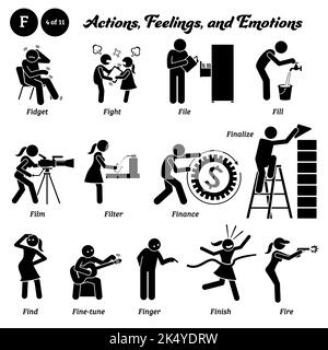 Stick Figur Menschen Mann Aktion, Gefühle und Emotionen Symbole Alphabet F. Fidget, Kampf, Datei, füllen, Film, Filtern, finanzieren, finalisieren, finden, fein Stock Vektor