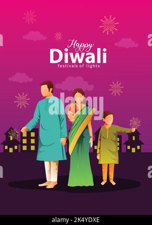 vektor-Illustration der Hindu-Familie feiert auf Happy Diwali indischen Feiertag Hintergrund. Stock Vektor