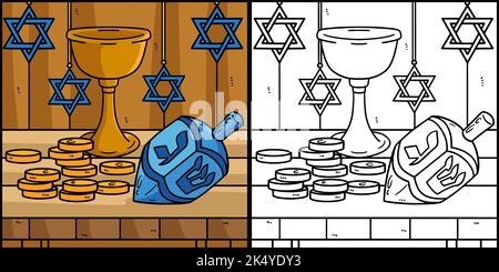 Hanukkah Dreidel, Münzen und Kelch Illustration Stock Vektor