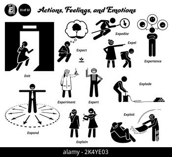 Strichmännchen Menschen Menschen Aktion, Gefühle und Emotionen Symbole Alphabet E. Verlassen, erwarten, beschleunigen, vertreiben, Erfahrung, Erweitern, experimentieren, Experten, Stock Vektor