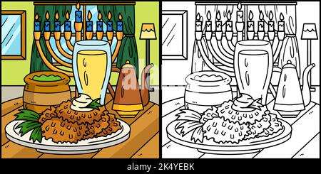 Hanukkah Latke mit Menorah Coloring Illustration Stock Vektor