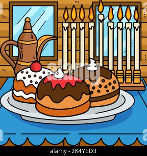 Hanukkah Sufganiyah mit Menorah Colored Cartoon Stock Vektor