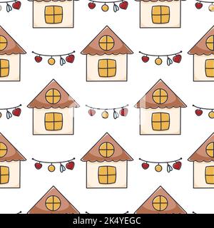 Weihnachtshäuser und Urlaub Dekor nahtlose Muster. Hintergrund mit Illuminationen und Girlanden. Festlicher Neujahrsdruck mit dekorierten Hütten Stock Vektor