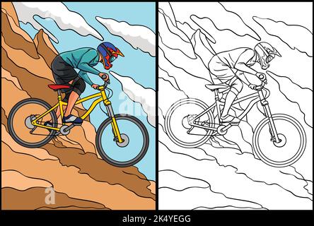 Mountain Biker Coloring Page Farbige Illustration Stock Vektor