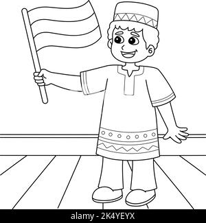 Kwanzaa Boy hält eine Flag Coloring Page Stock Vektor