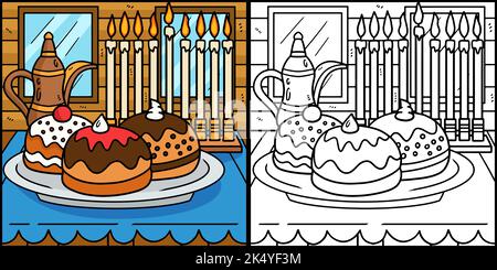 Hanukkah Sufganiyah mit Menorah-Llustration Stock Vektor