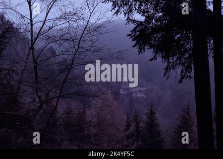 Frankenstein, Deutschland - 26. Dezember 2020: Burgruine Diemerstein auf einem Berg mit Bäumen an einem nebligen Winternachmittag in Deutschland. Stockfoto