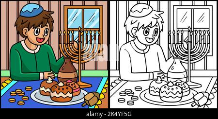 Hanukkah Boy Lighting Menorah Illustration Stock Vektor