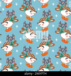 Nahtlose Muster weihnachten Hirte Köpfe und Schneeflocken auf blauem Hintergrund Vektor-Illustration. Für Druck und Design, Grußkarten, Geschenkpapier, f Stock Vektor