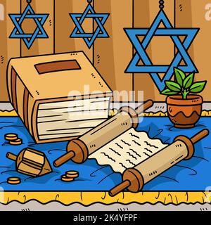 Hanukkah Torah Schriftrolle und Buchkolorierter Cartoon Stock Vektor