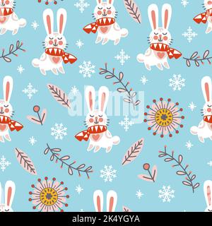 Nahtlose Muster weihnachten Kaninchen und Blumen auf blauem Hintergrund Vektor-Illustration. Für Druck und Gestaltung von Weihnachtsprodukten, Grußkarten, wra Stock Vektor