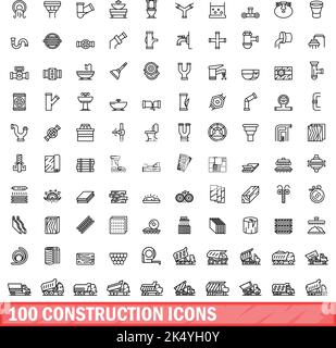 100 Konstruktionssymbole gesetzt. Skizzieren Sie die Darstellung von 100 Konstruktionssymbolen, die auf weißem Hintergrund isoliert sind Stock Vektor
