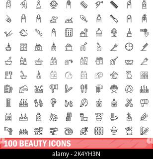 100 Beauty-Ikonen-Set. Skizzieren Sie die Darstellung von 100 Vektorbildern für Schönheit, die isoliert auf weißem Hintergrund gesetzt wurden Stock Vektor
