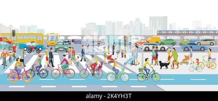 City Silhouette mit Straßenverkehr und Fußgängern auf dem Fußgängerübergang, Illustration Stock Vektor