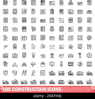 100 Konstruktionssymbole gesetzt. Skizzieren Sie die Darstellung von 100 Konstruktionssymbolen, die auf weißem Hintergrund isoliert sind Stock Vektor