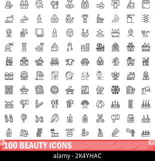 100 Beauty-Ikonen-Set. Skizzieren Sie die Darstellung von 100 Vektorbildern für Schönheit, die isoliert auf weißem Hintergrund gesetzt wurden Stock Vektor